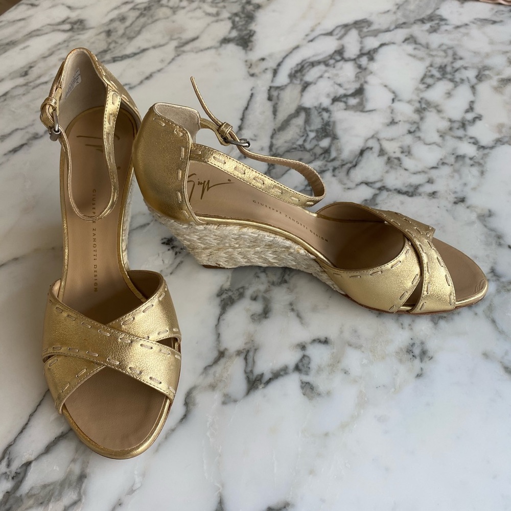 Giuseppe Zanotti Gold Wedge Sandals Espadrilles